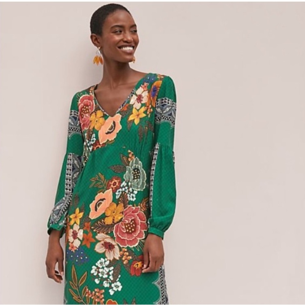 FARM Rio Green V-Neck Maxi Dress with Bishop Sleeves